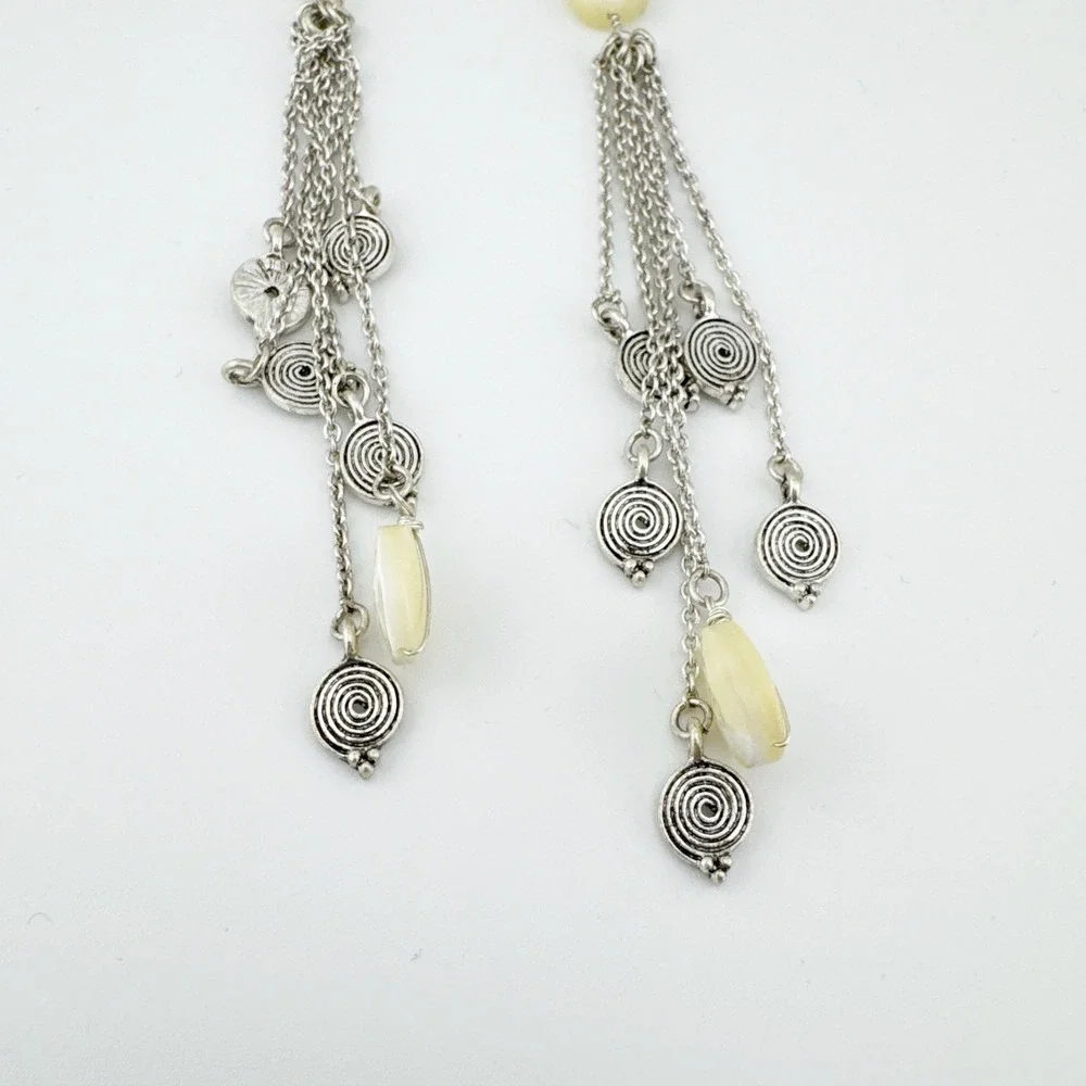 Vintage Silver Spiral Dangle Earrings with Cream‎ Beads Chain Jewelry